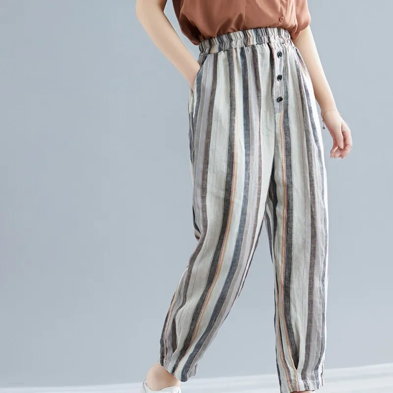 New Arrival Ladies Button Striped Loose Pants Female Vintage Cotton ...