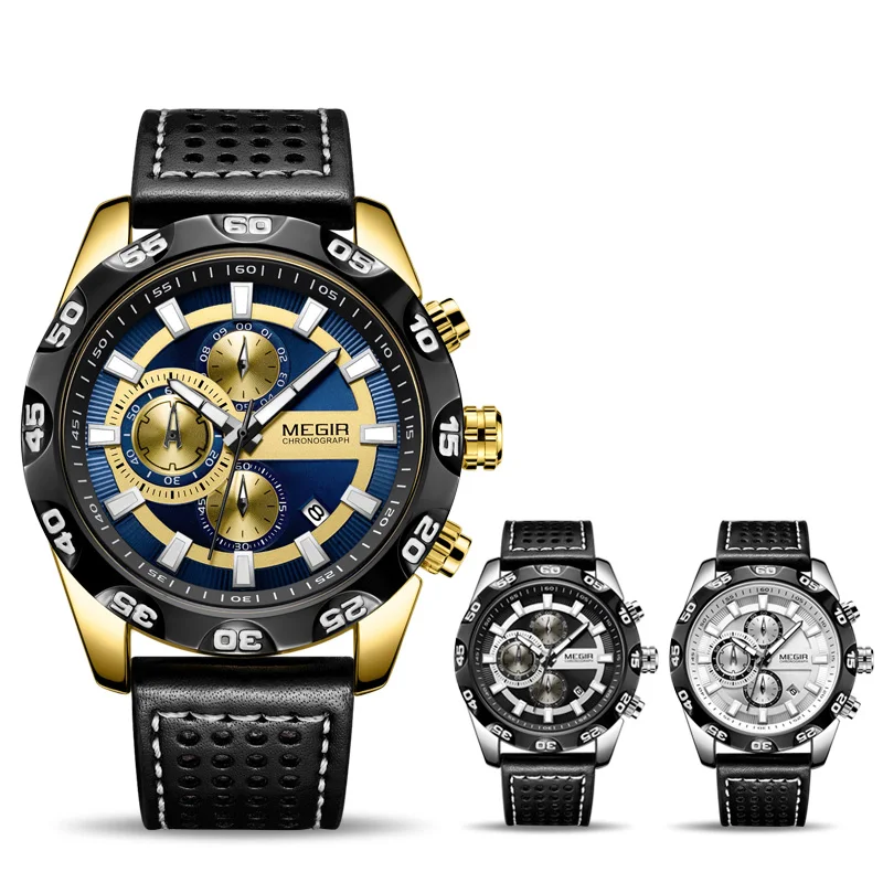 Для мужчин s часы лучший бренд класса люкс MEGIR Хронограф Спортивные кварцевые часы для мужчин часы кожа наручные часы Relogio Masculino Reloj Hombre