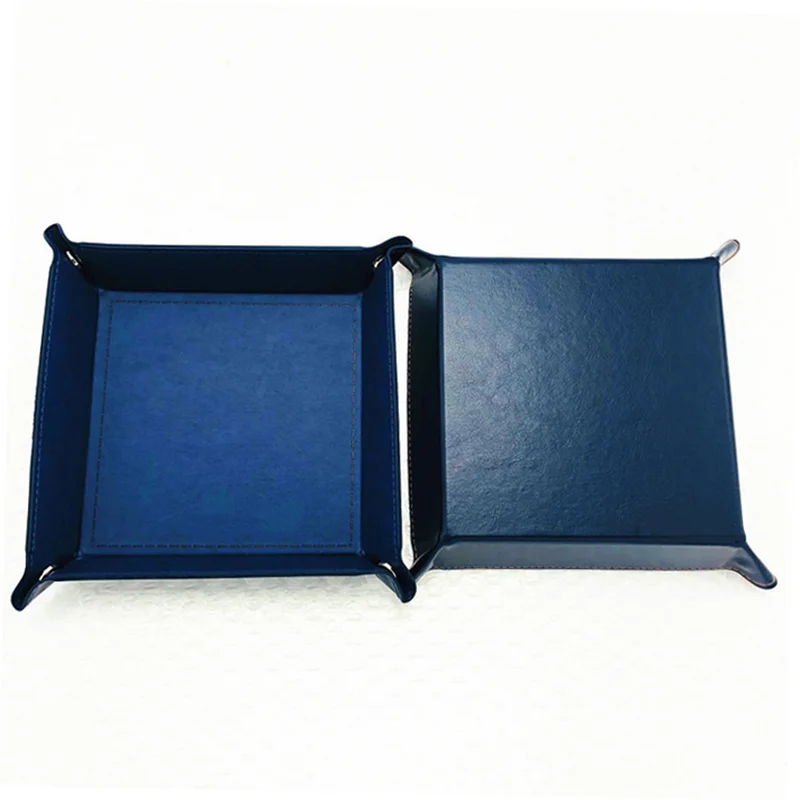 Hot Sales Blue Dice Tray Desktop Tabletop Foldable PU Leather Dice Storage Box For Dice Table Games