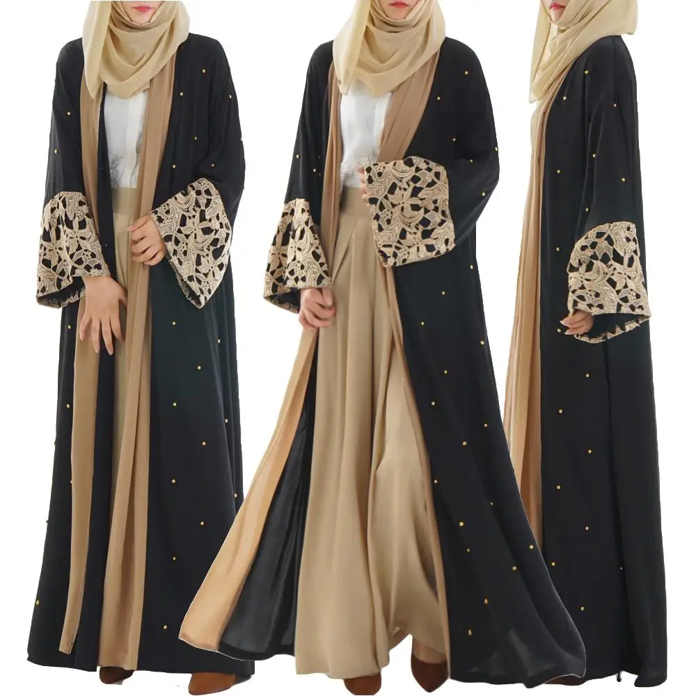 

Muslim Women Abaya Robe Elegant Open Cardigan Pearls Maxi Long Dress Lace Cuff Dubai Islamic Turkey Clothing Kaftan Kimono New