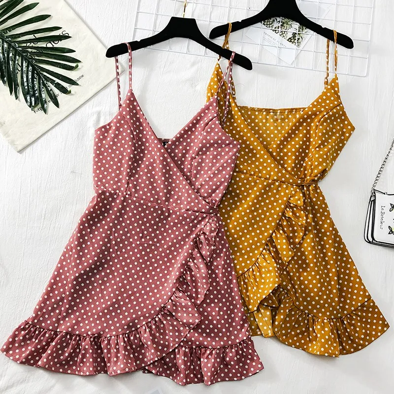 

2019 Summer Polka Dots Sexy Dress Women V-neck Ruffles Mini Dress Retro Sleeveless Vintage Dresses
