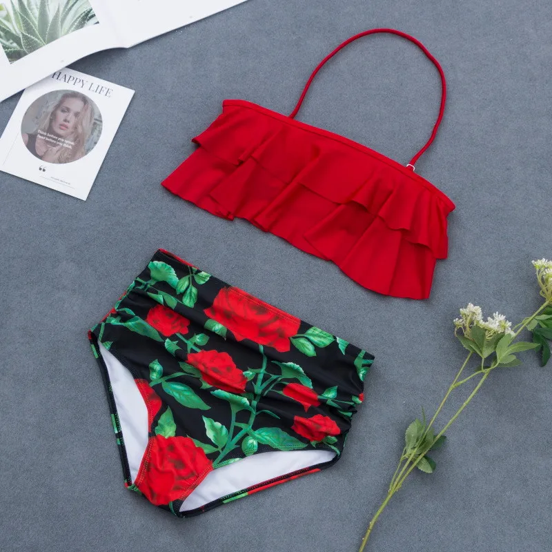 

2019 Plus Size Swimsuit High Waist Bikini Bandeau Swimwear Women Push Up Double Ruffles Bandage Swimsuits S-2XL Bathing Suits