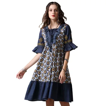 

#2430 Summer Cowboy Split Joint Vintage Printed Denim Dress Short Sleeve Women V-neck Ruffles A-line Jeans Dress Girls