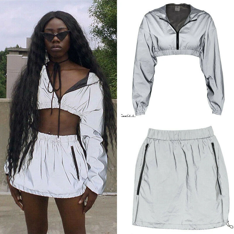 

Sexy Women 2PCS Bodycon Reflective Zip Crop Top Skirt Set Clubwear Party Hooded