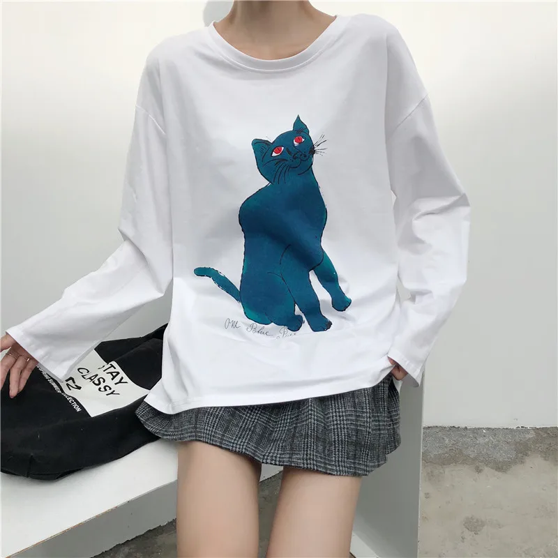 

women casual cat print long sleeve white T-shirt