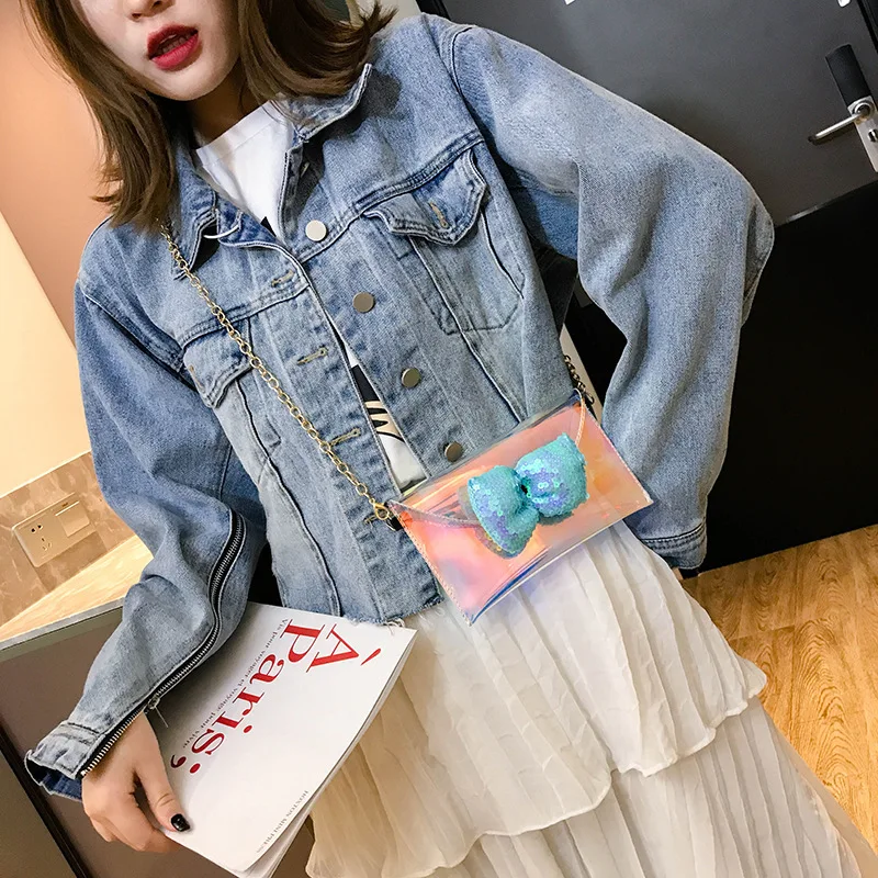

New Women Clear Purse Fashion Bowknot PVC Sequins Chains Shoulder Crossbody Bags Ladies Messenger Satchel Purses and Handbags
