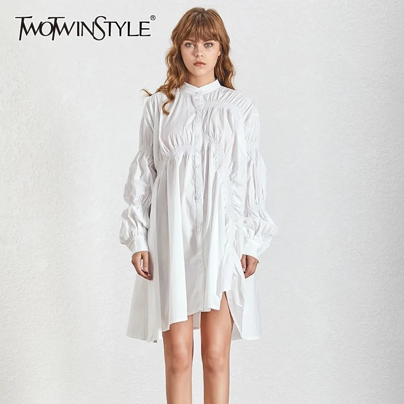 

TWOTWINSTYLE Summer Casual White Women Dress Stand Collar Puff Sleeve Button Asymmetrical Hem Knee Length Dresses 2019 Fashion