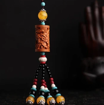 

Chinese Peach Wood Carving Dragon Pillar Safe And Good Luck Exquisite Car Key Pendant Bag Pendant
