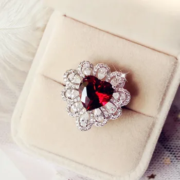 

Trendy Shinning Hyperbole Luxury Heart shape Dark Red Stone Big Ring Lace side Cubic zirconia Pave Setting Women Party Jewelry