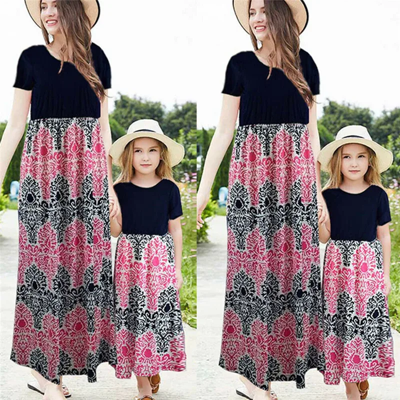 

3-7T S-XXL Summer Dresses for Mother and Daughter Family Matching Maxi Dress Floral Women Girls Long Dresses