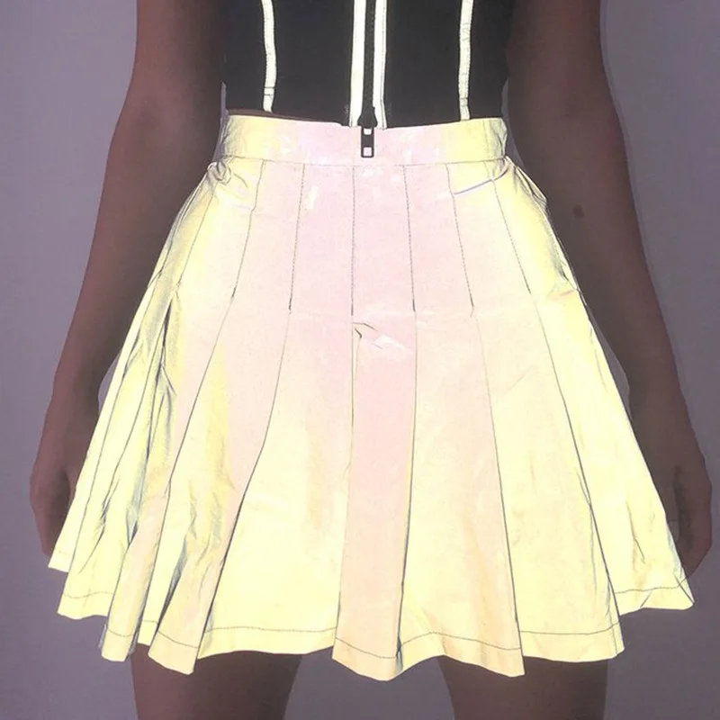 

NORMOV Sexy Fashion Feminine Short Skirt Mini Reflective Zipper Style Skirts Personality Solid Skirt Summer 2019