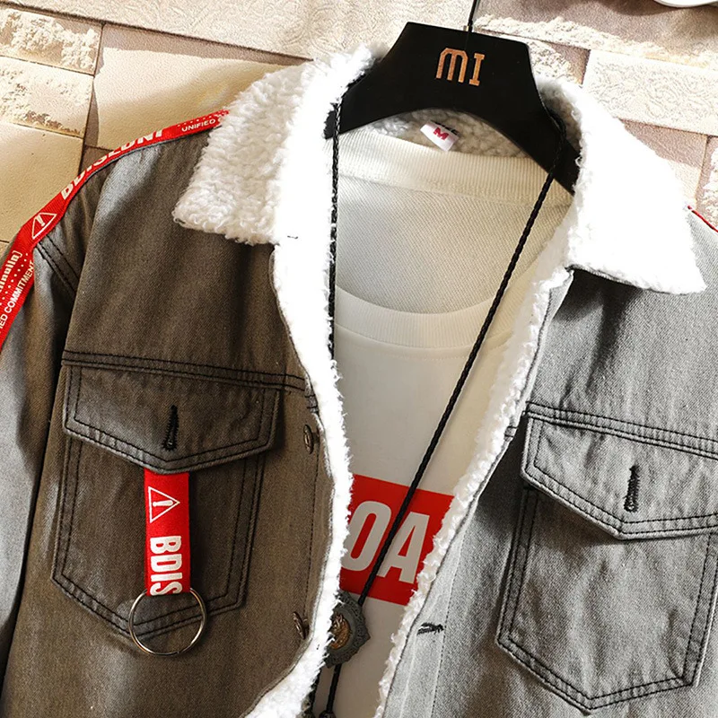 #7418 Winter Lamb Fleece Thick Denim Jacket Men Warm Letter Ribbons Streetwear Slim Bomber Jeans Jacket Homme Plus Size XXXL
