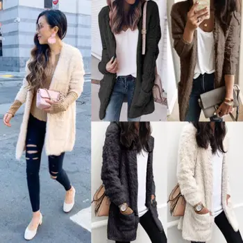 

Fashion New Women Pocket Long Sleeve Fleece Fur Jacket Outerwear Tops Winter Warm Solid Fluffy Ladies Coat Fashion