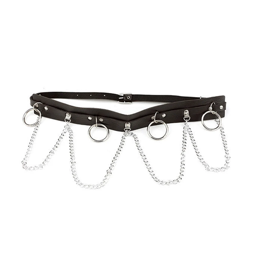 

Faux Leather Belt Ring Punk Personalized Metal Chain Waist Strap Street Dance Decorative All