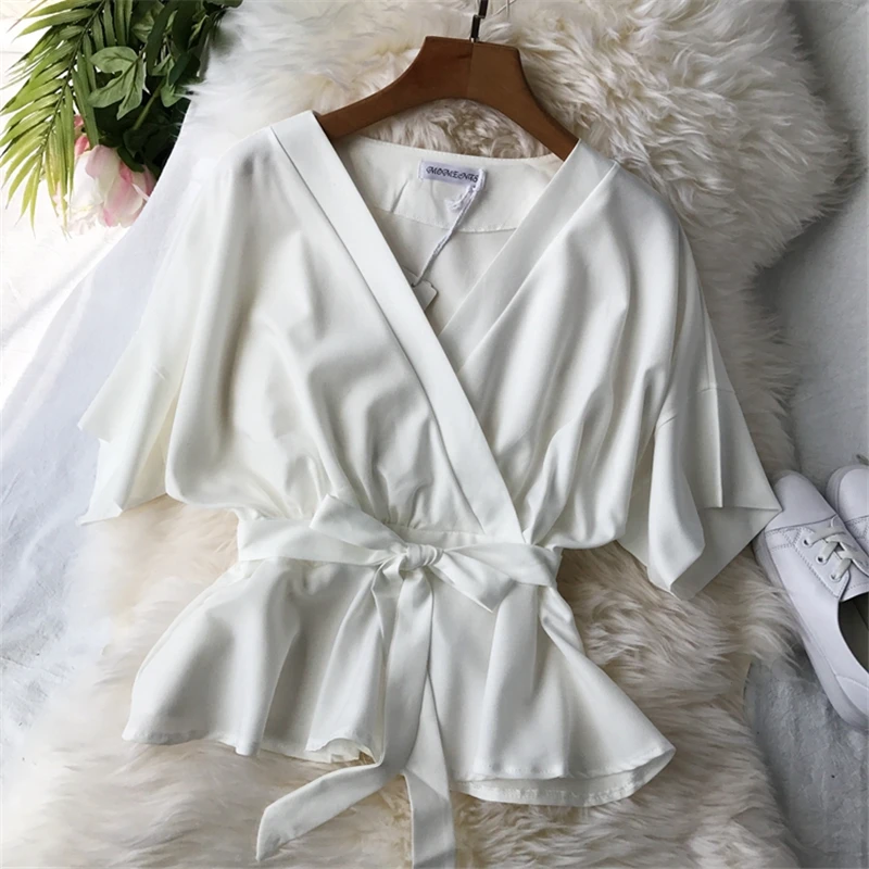  2019 Korean Women Bow Lace Up Slim Tops And Blouses Ladies V-Neck Chiffon Shirt Half Sleeve Ruffles