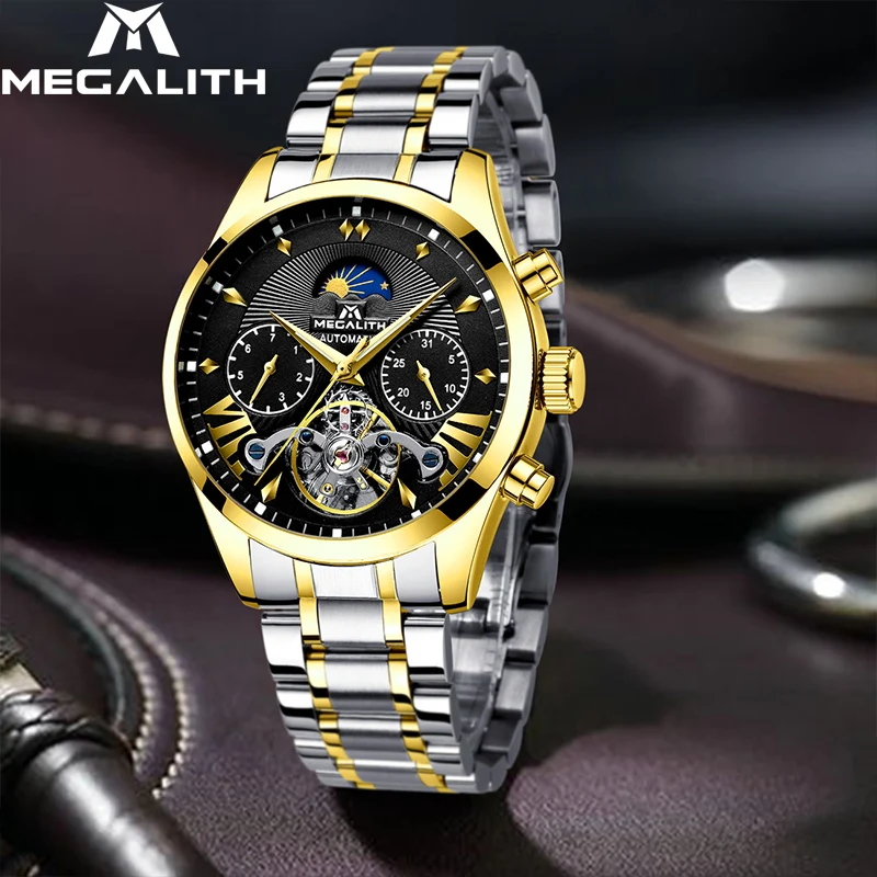 

MEGALITH Men's Luxury Automatic Mechanical Watches Men Business Casual Tourbillon Watch Men Waterproof Sport Luminous Wristwatch