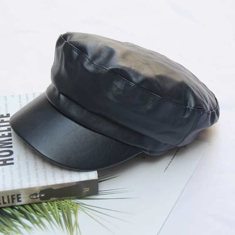 Осенне-зимняя черная английская восьмиугольная шляпа из искусственной кожи, остроконечная кепка для женщин, для отдыха, газетный берет, Кепка