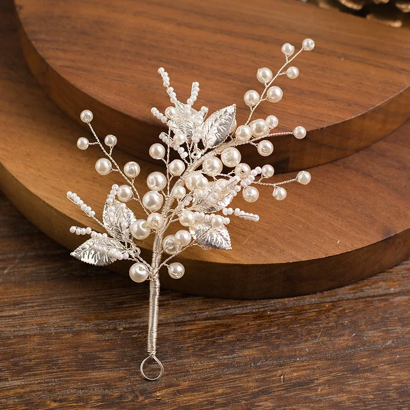 

Korean bride tiara side hair jewelry accessories beautiful silver tree leaves pearl flower spike simple wedding decoration