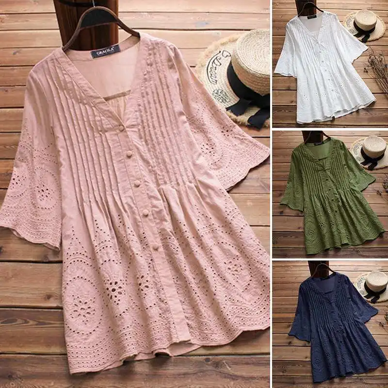 Summer Women Cotton Linen Blouse Elegant Embroidery Hollow Blusas Female V Neck Button Shirts Pleated Tunic Top Plus Size