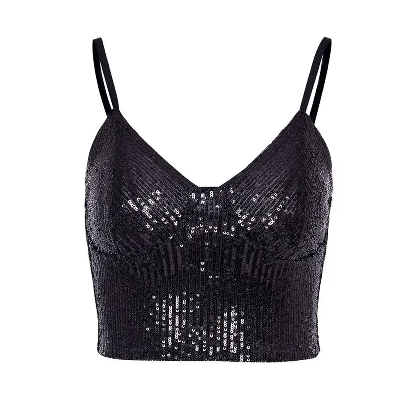 Sequins Tank Top Women 2019 Summer Gothic Black Crop Tops Zipper