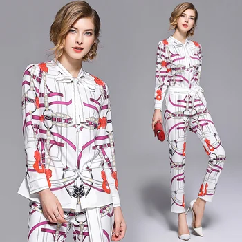 

2019 Fashion Chain Printed Suit Sets 2 Piece Bow Collar Full Sleeve Shirt Top + Belt Pencil Pants Sets For Women Runway Twinsets