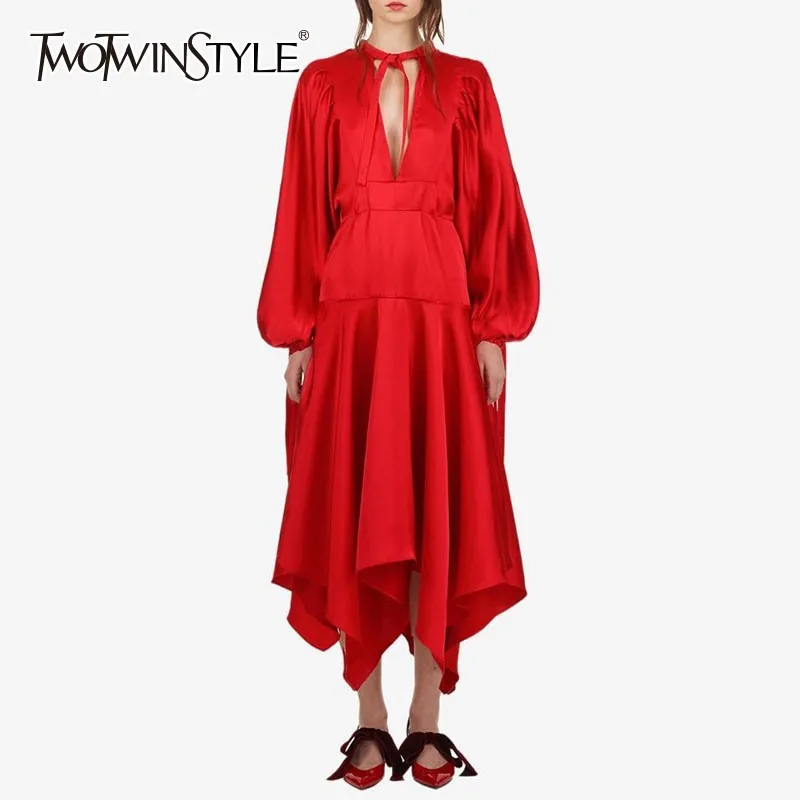 

TWOTWINSTYLE Satin Dresses Women Lantern Long Sleeve High Waist Lace Up Asymmetrical Dress Female Elegant Fashion 2019 Spring