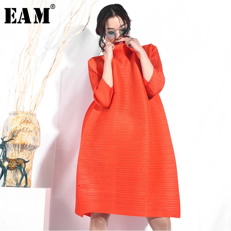 [EAM] Новое весенне-летнее платье со стоячим воротником и рукавом три четверти большого размера оранжевое стереоскопическое плиссированное платье женская мода