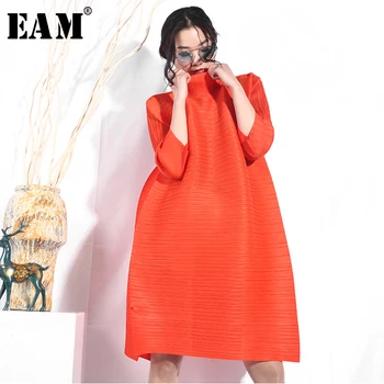 

[EAM] 2020 New Spring Summer Stand Collar Three-quarter Sleeve Big Size Orange Stereoscopic Pleated Dress Women Fashion Tide EB