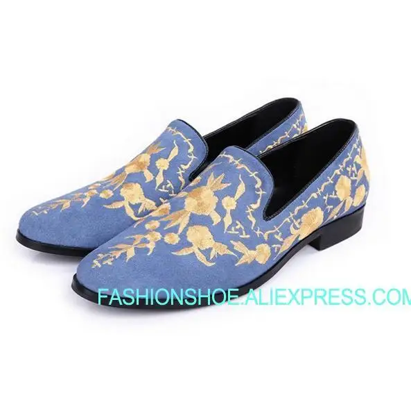

2018 New Coming Men Shoes Famous Brand Embroidery Creepers Blue Suede Men Moccasins Slip-on Flats Round Toe Loafers Real Pics