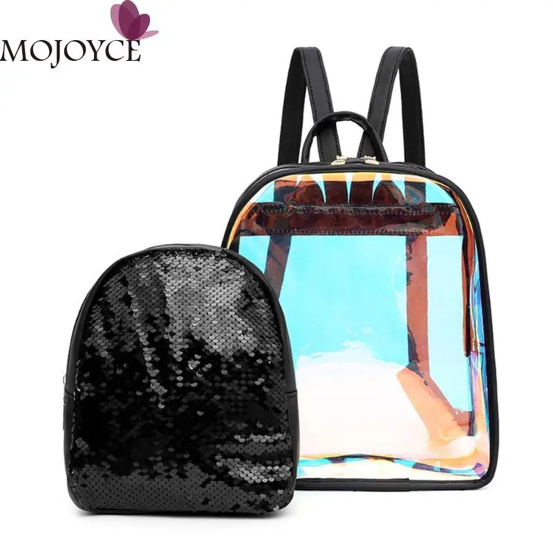

Teenage Girls Casual Fashion 2pcs/set PVC Transparent Clear Sequins Female Solid Color Bling Women Laser Backpacks Shoulder Bags