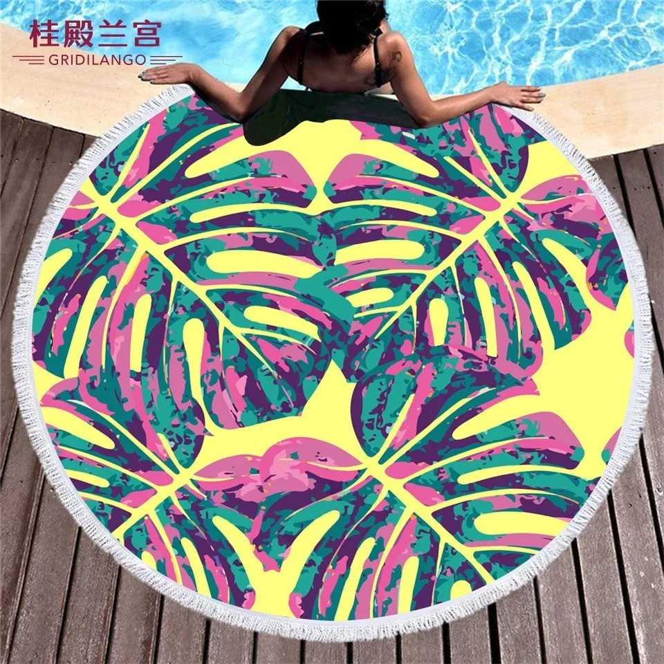 

GRIDILANGO Colorful Plants Round Beach Towel For Adult Quickly Absorbtable Swimming Travel Outdoor Home Yoga Mat Bath Towel