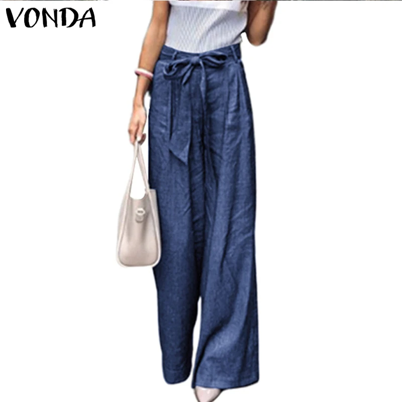 

VONDA Women Wide Leg Pant 2019 Casual Vintage Pants High Waist Belt Trousers Bohemian Pantalon Femme Overalls Plus Size S-5XL