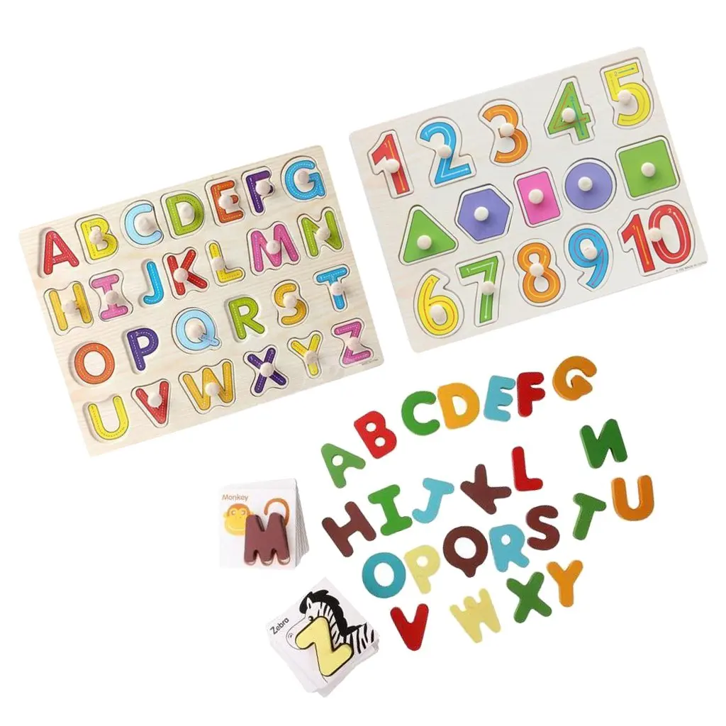 

Wooden Puzzles Set Eye-Hand Coordination Sensory Letters Math Educational Games Early Learning Toys Gift for Children Baby Kids