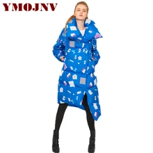 YMOJNV Модный женский пуховик неправильной длины с синим принтом, Женское зимнее длинное пальто, Толстая теплая женская верхняя одежда