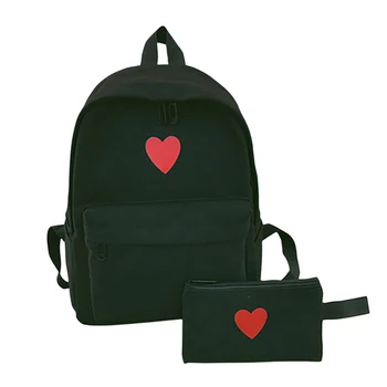 

2 Pcs/Set Hot Sale Women Love Heart Printed Canvas Backpack Lady Travel Bag Girls Students Pencil Case School Shoulder Bags