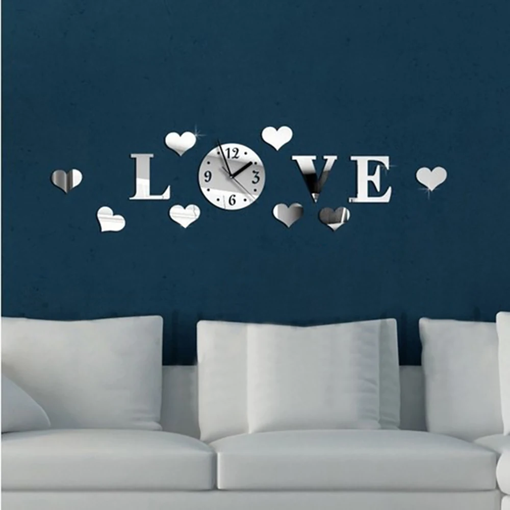 

DIY 3D Home Modern Decoration Wall Craft Crystal Mirror Living Room Love Sticker Wall Clock Decor