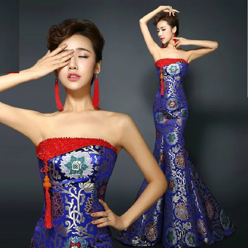 

Tube Top Royal Blue Strapless Trailing Wedding Cheongsam Brocade Long Traditional Chinese Evening Vestido Party Robe Bleu Marine