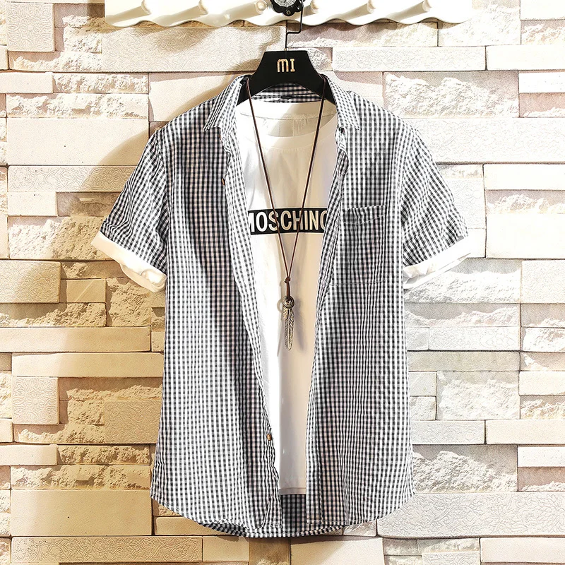 

Men's shirt 2019 spring new lapel slim cotton short sleeve shirt stripe loose shirt personality youth casual men's wear
