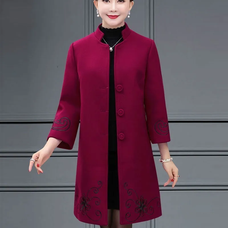 

Vintage Embroidery Wool Coat Female Fashion Women Woolen Coats High Quality Elegant Long Slim Winter Jacket Plus Size Femininos
