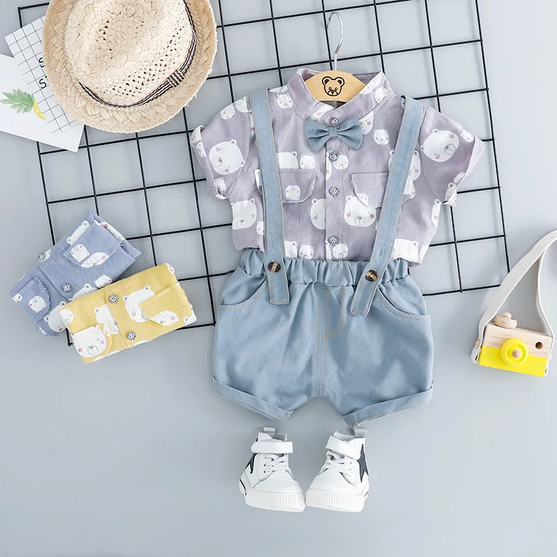 Summer Baby Boy Fashion Clothes Infant Cartoon Bear Pattern T Shirt Shorts Bib Pants 2pcs/sets Kids Garment Children Sport Suits