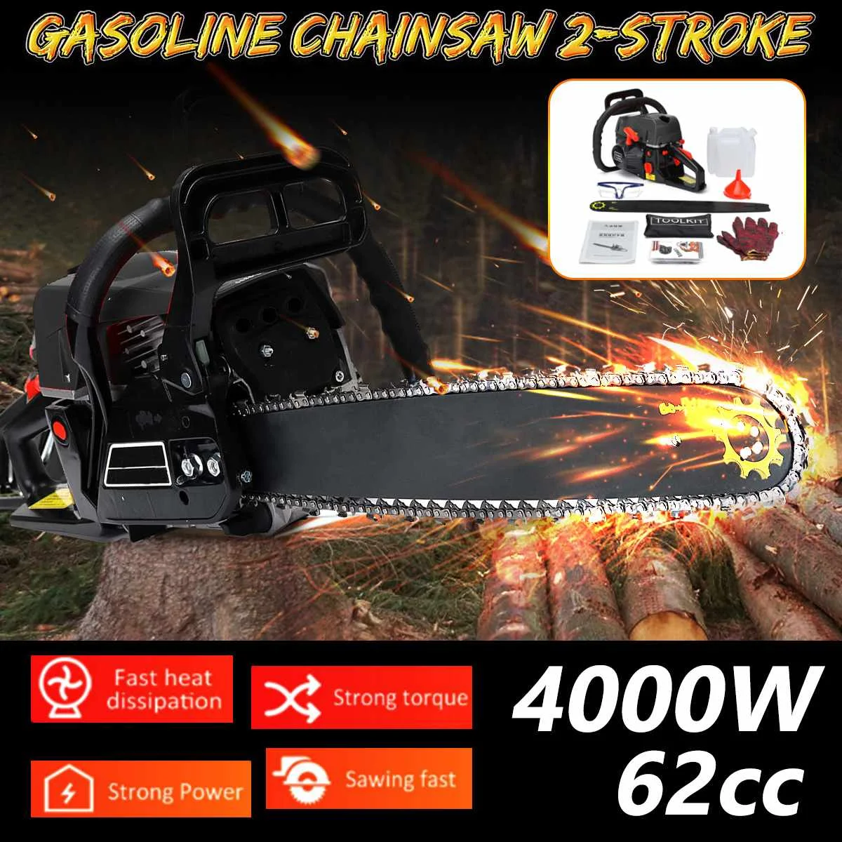 

Professional 20'' 62cc 4000W Bar Gasoline Gas Powered Chainsaw Engine Cutting Wood 2 Cycle Chainsaws