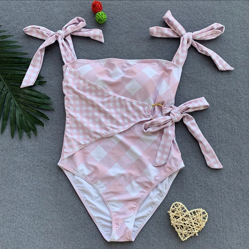 

2019 sexy pink plaid lace up bandage swimsuit swim High Waist Bathing Suit Monokini Push Up women plus size one piece swimwear