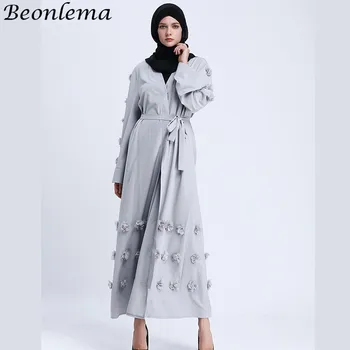 

Beonlema Duibai Women Open Abayas Muslim Fashion Kaftan Sweet Flowers Gray Abaya Musulman Arabic Femme Caftan Robe S-2XL