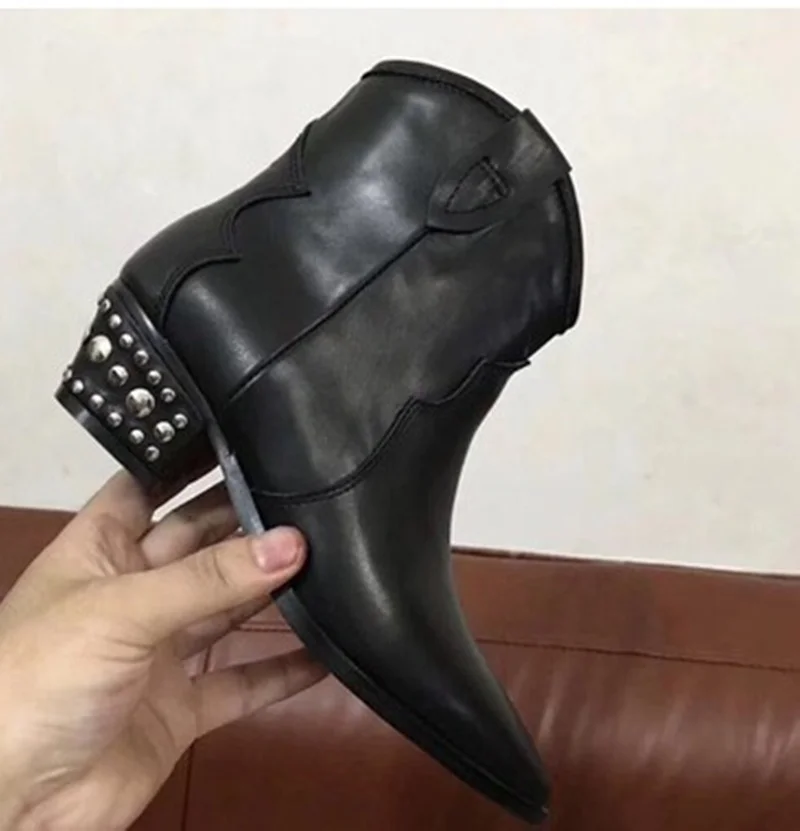 

2019 Genuine Leather Pointed Toe Short Botas Rivet Studded Square Heels Autumn Winter Ankle Boots Sexy Black Grey Woman Shoes