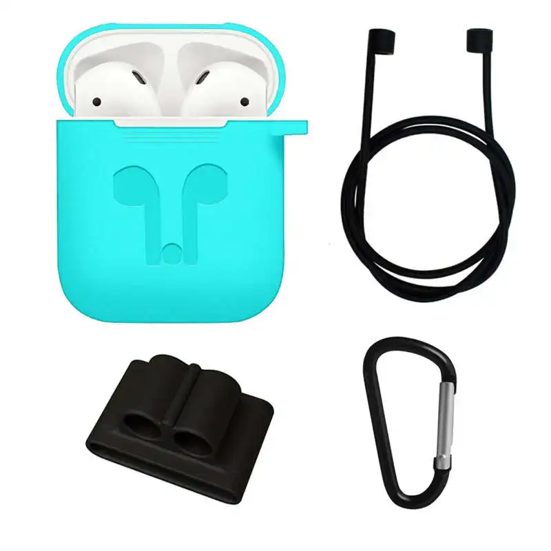 

For Apple Airpods Accessories Silicone Cover Case+Anti Lost Strap+ Holder+Carabiner 4 In 1(Sky Blue+Black)