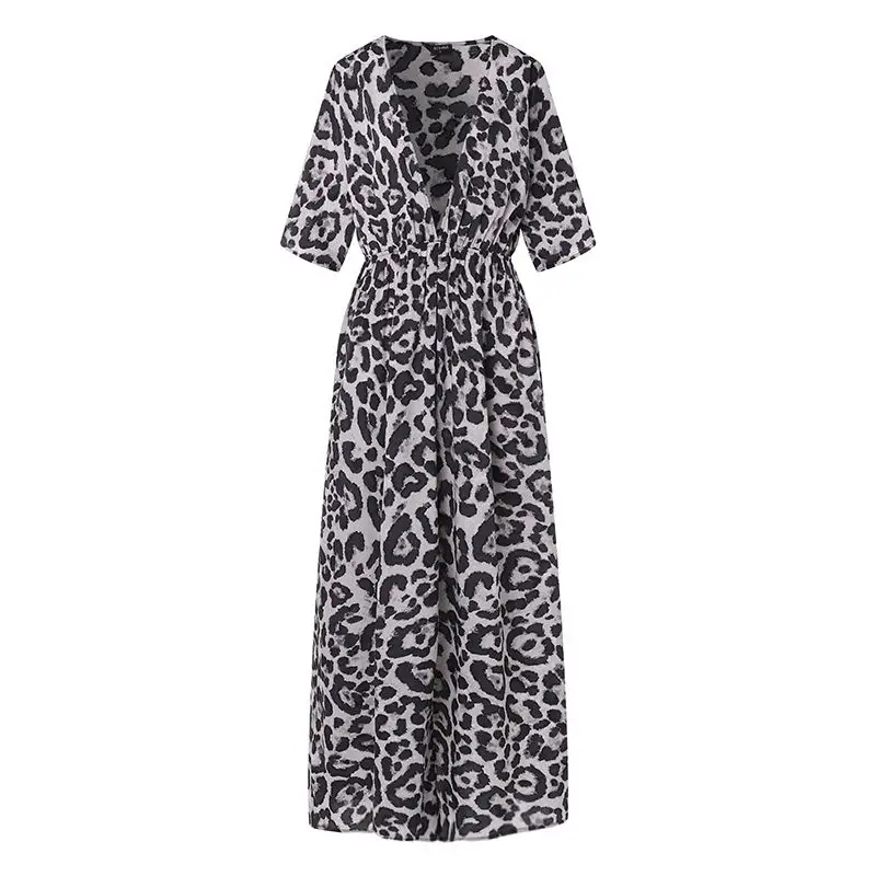 VONDA Women Leopard Print Long Dress 2019 Sexy V Neck Half Sleeve High Waist Split Party Dress Holi