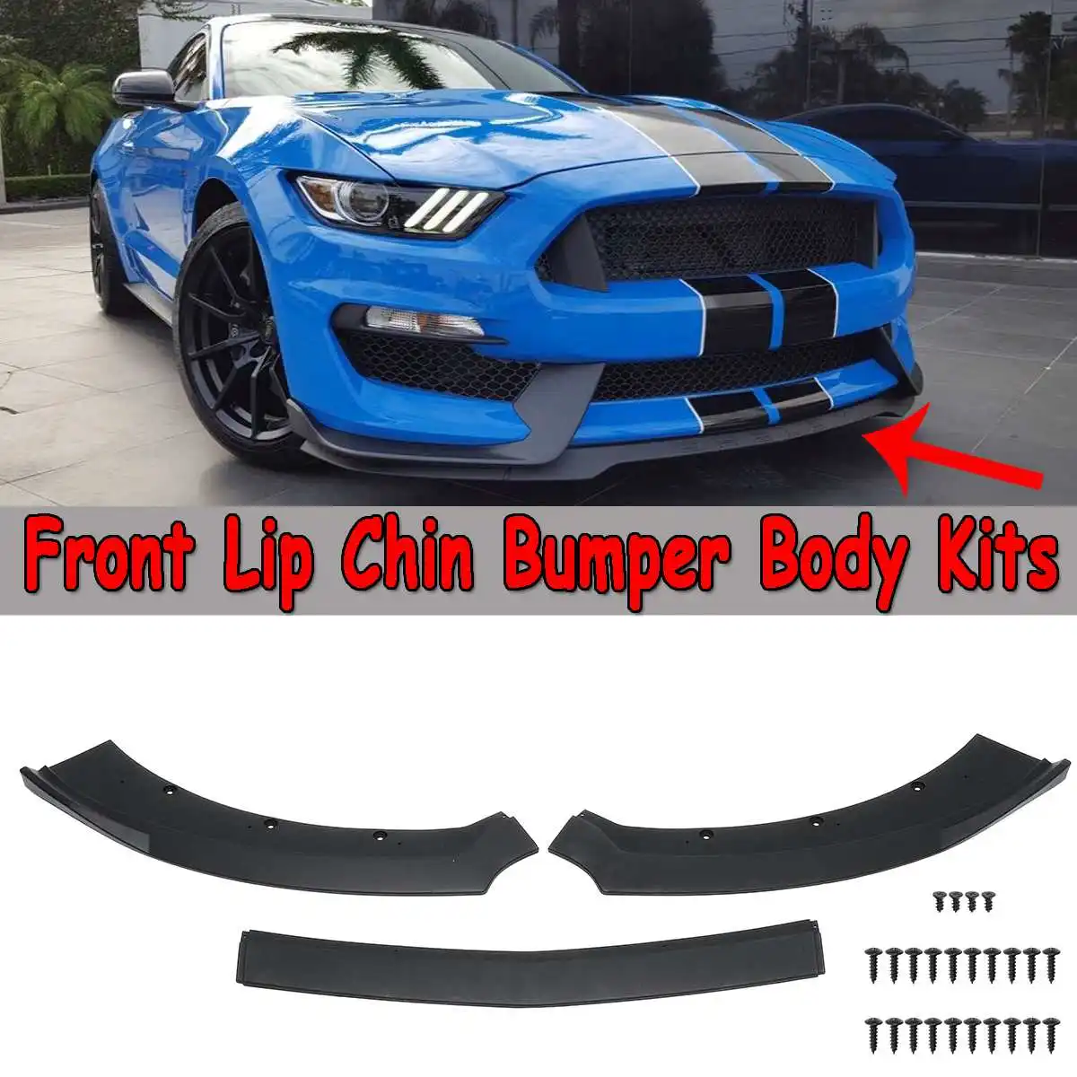 

3 Pcs High Quality New Car Front Lip Chin Bumper Spoiler Splitters Body Kits For Ford For Mustang 2015 2016 2017 Black ABS