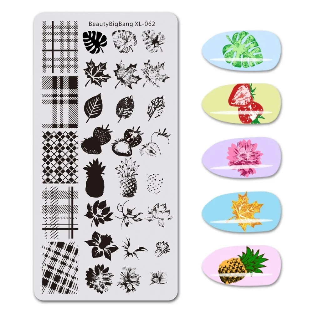 

BeautyBigBang Nail Stamping Plates 1PC Fruit Leaf Plaid Pattern Nail Template Plate Rectangle Stencil Stamp For Nails BBB XL-062