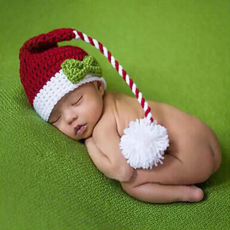 

Handmade Christmas Newborn Cap Costume Knitted Long Tail Crochet Kids Hat Photography Props Accessories fotografia Kids Gifts