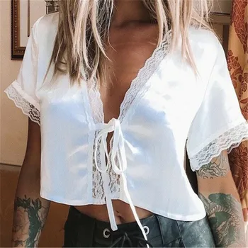 

New Fashion Women's Lace Silk Satin Short Sleeve White Casual Crop Top Shirts Blouses Tee Tops